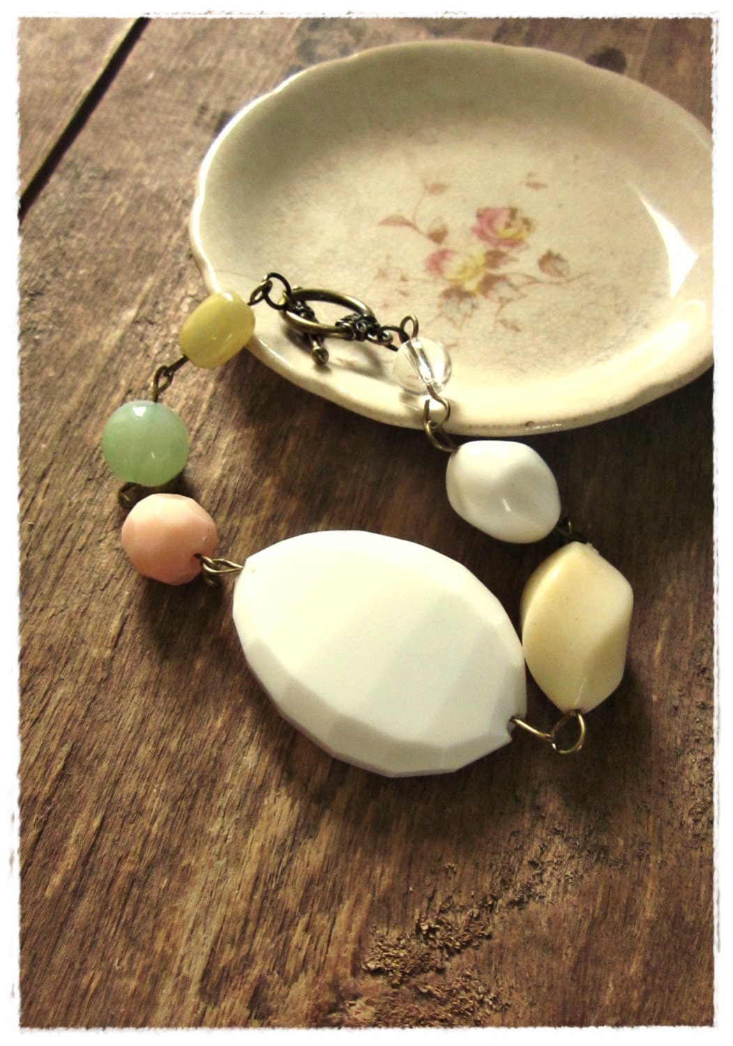Pastel Beaded Bracelet, Pink, Lemon, Mint, White, Shabby Vintage Chic, Chunky Retro Beads, Eco Friendly Spring Jewelry