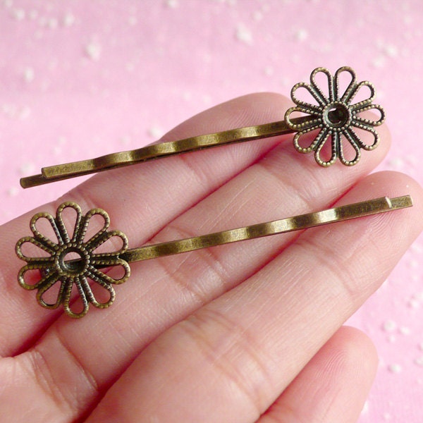 Hairpin Blank / Hair Clip Blank with 16mm Filigree / Flower Pad (10 pcs / Copper) F013
