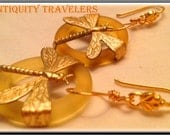 Sea Glass Earrings with Brass Dragonfly