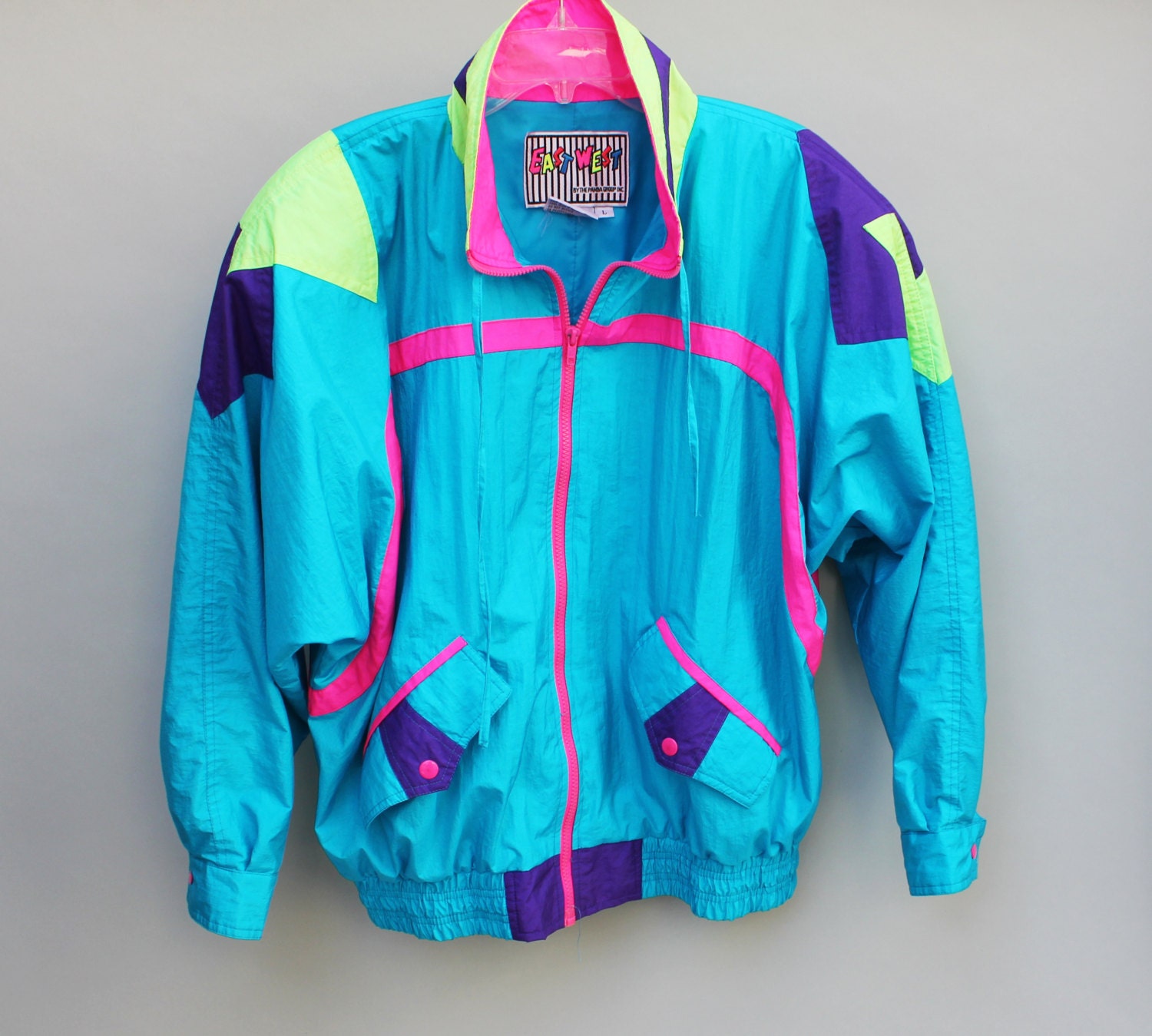 80s vintage women's windbreaker, neon, color blocked, geometric, shoulder pads - Medium / Large
