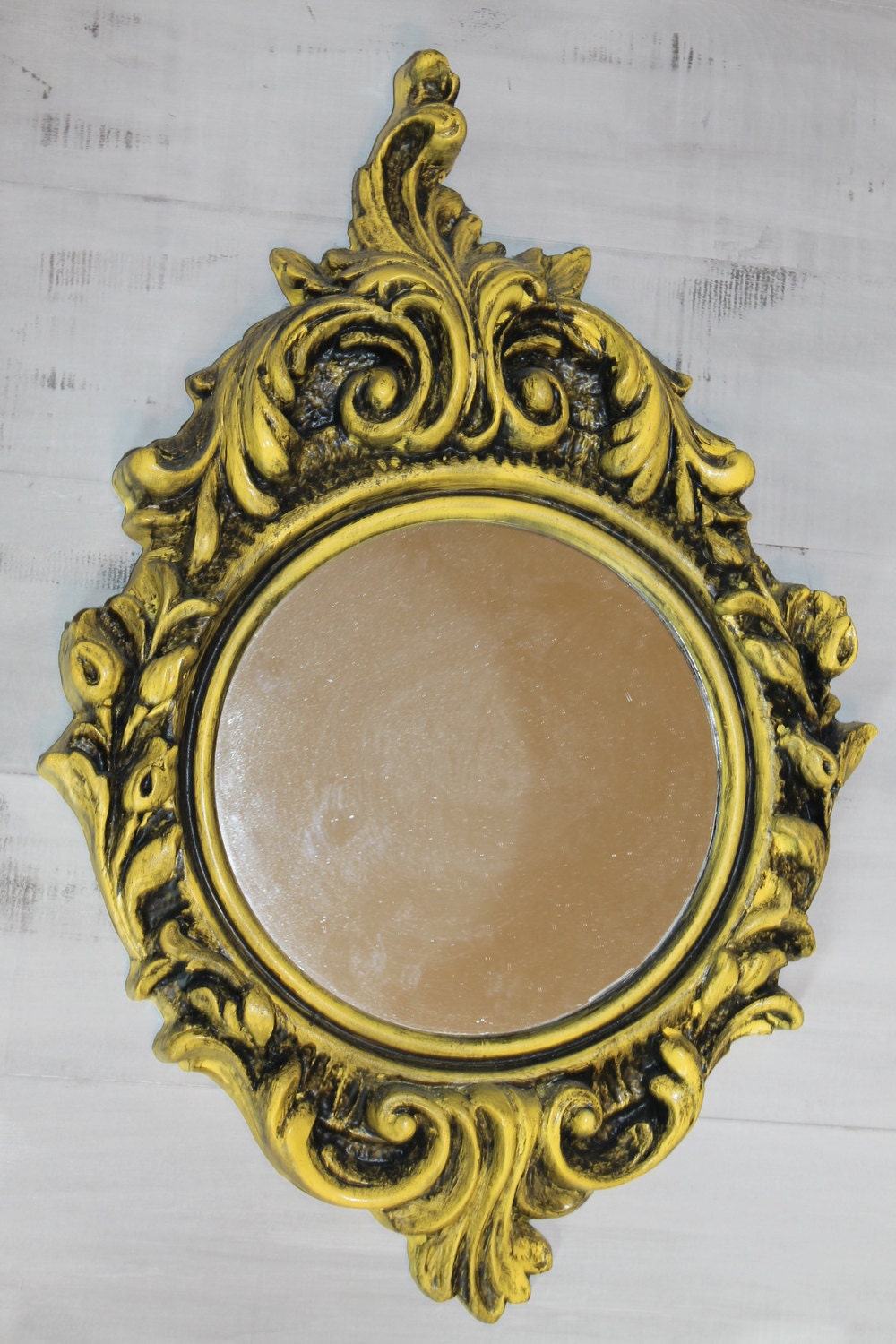 YELLOW ornate fancy VINTAGE curly mirror picture frame glazed in black Home Decor bedroom Victorian vines and flowers