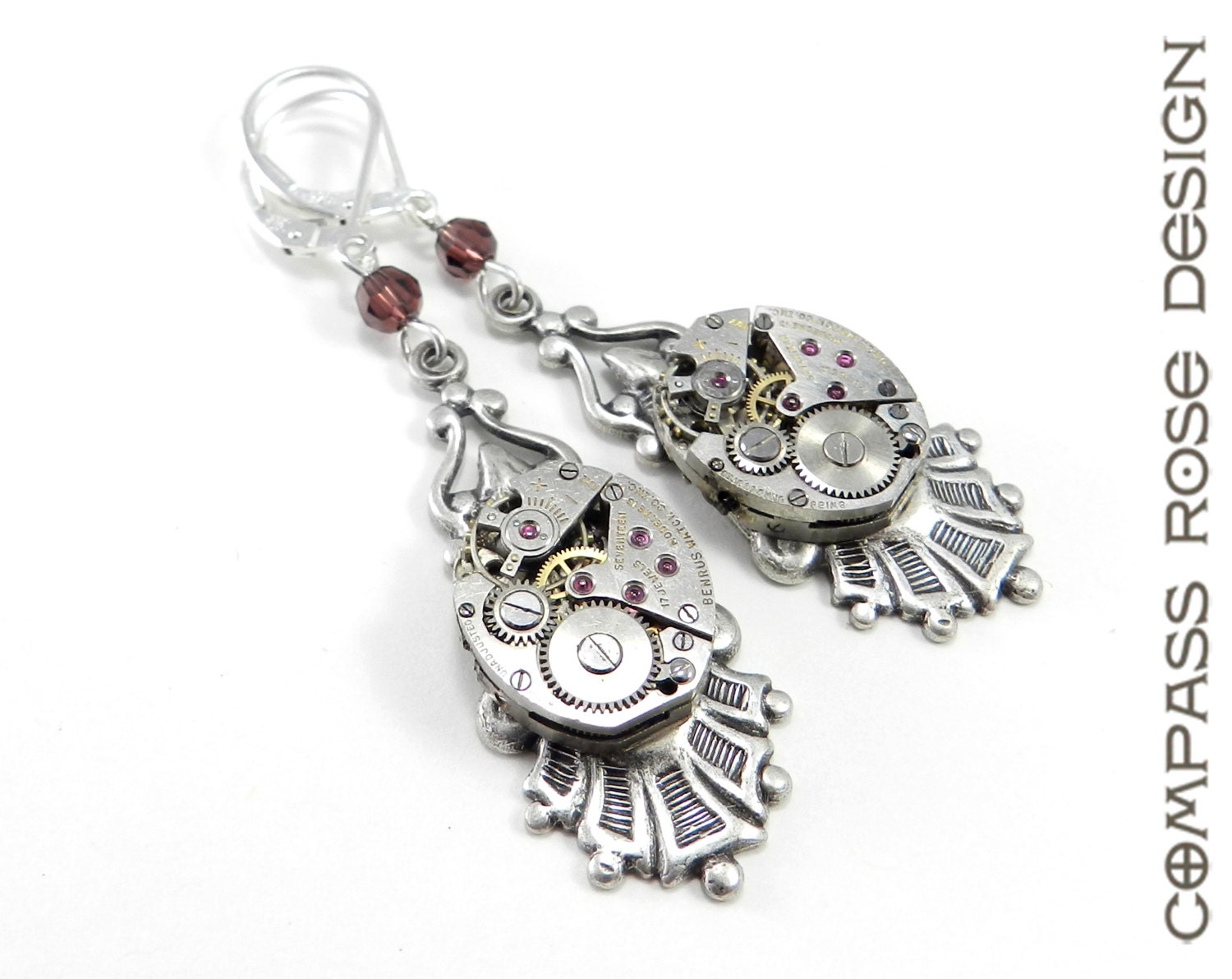 Steampunk Jewelry Earrings Edwardian Watch Mechanical Movement Clockwork Silver & Burgundy Crystal