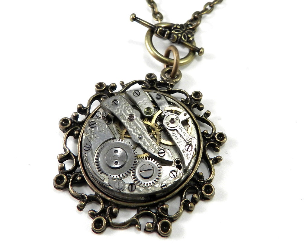 Steampunk Jewelry - Clockwork Necklace - Mechanical Watch Pendant Brass Ruby Jewel on Brass by Compass Rose Design