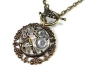 Steampunk Necklace - Antiqued Gold Clockwork Necklace - Mechanical Watch Pendant Brass on Brass Lace by Compass Rose Design