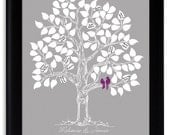 Personalized Wedding Gift Wedding Guestbook Alternative Tree with love birds eggplant purple silver gray david's bridal lapis sangria 100