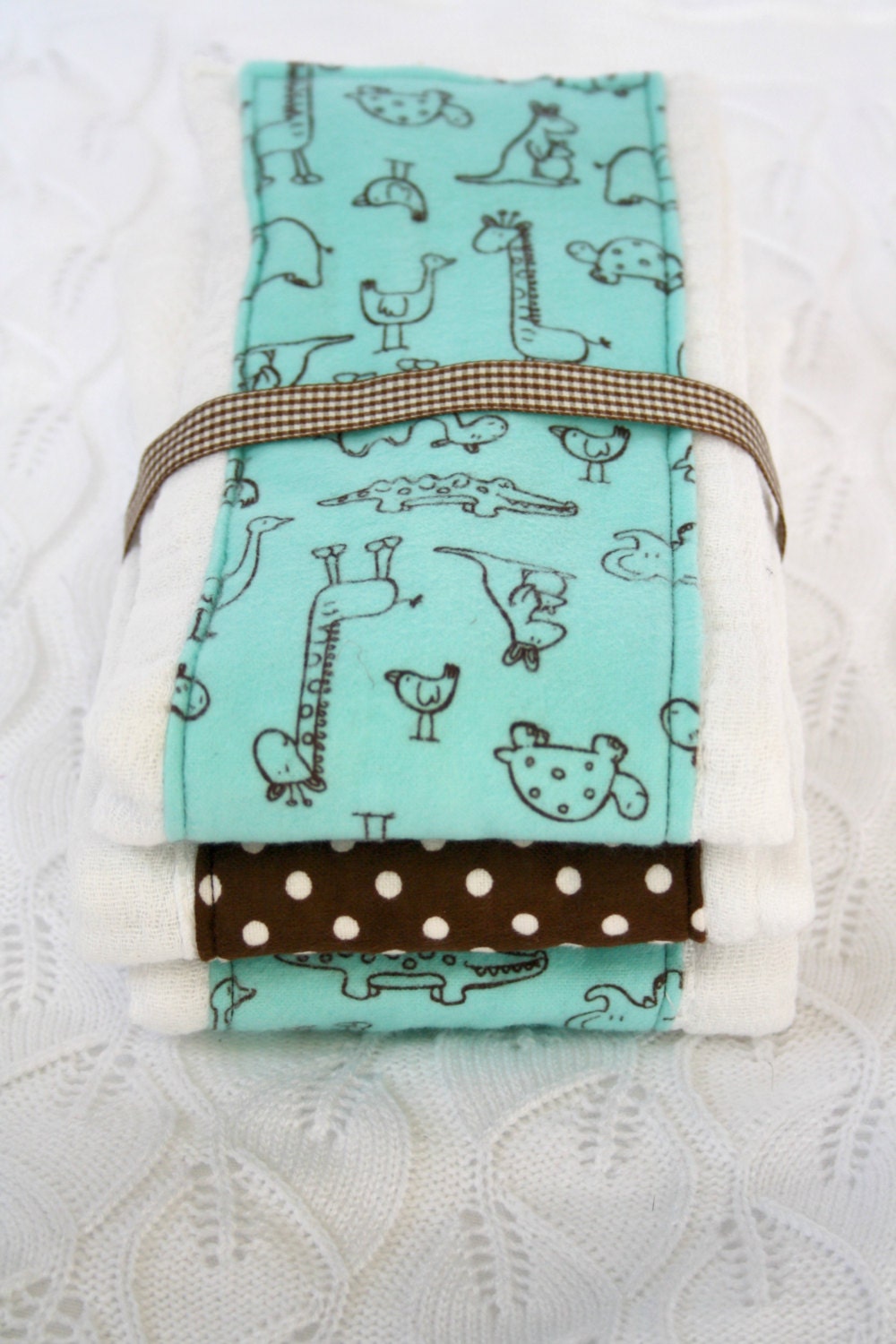 Baby Burp Cloths- Set of 3, brown, aqua animals