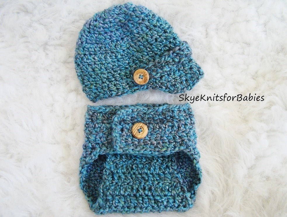 Crocheted Newsboy Cap and Diaper Cover Set, Choose Any Color, Photography Prop Also Sold Separately