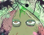 Surreal digital art face outsider primitive green big eyes abstract PDF DOWNLOAD original art printable.