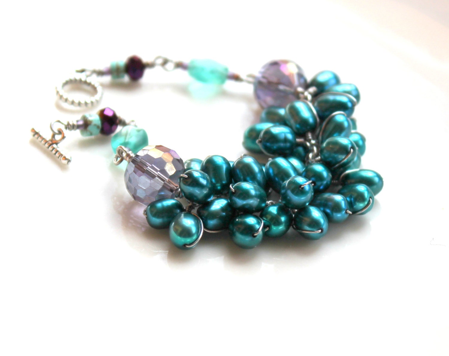 teal pearl bracelet / purple czech glass beaded jewelry / wirework wire wrapped spring gift for women /