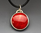 Bright and Cheerful  Round Red  Sponge Coral Cabochon and Sterling Silver Pendant 0639
