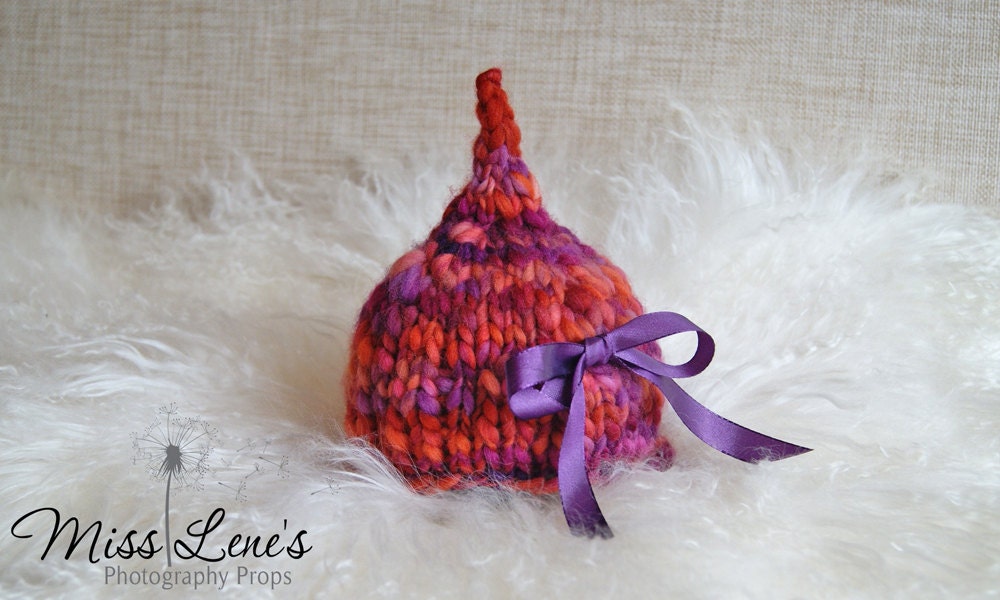 Newborn Baby Knit Hat, Newborn Photography Prop, OOAK Handspun Baby Hat,  Extra Pointy Newborn Pixie Hat, Baby Girl Gnome Hat
