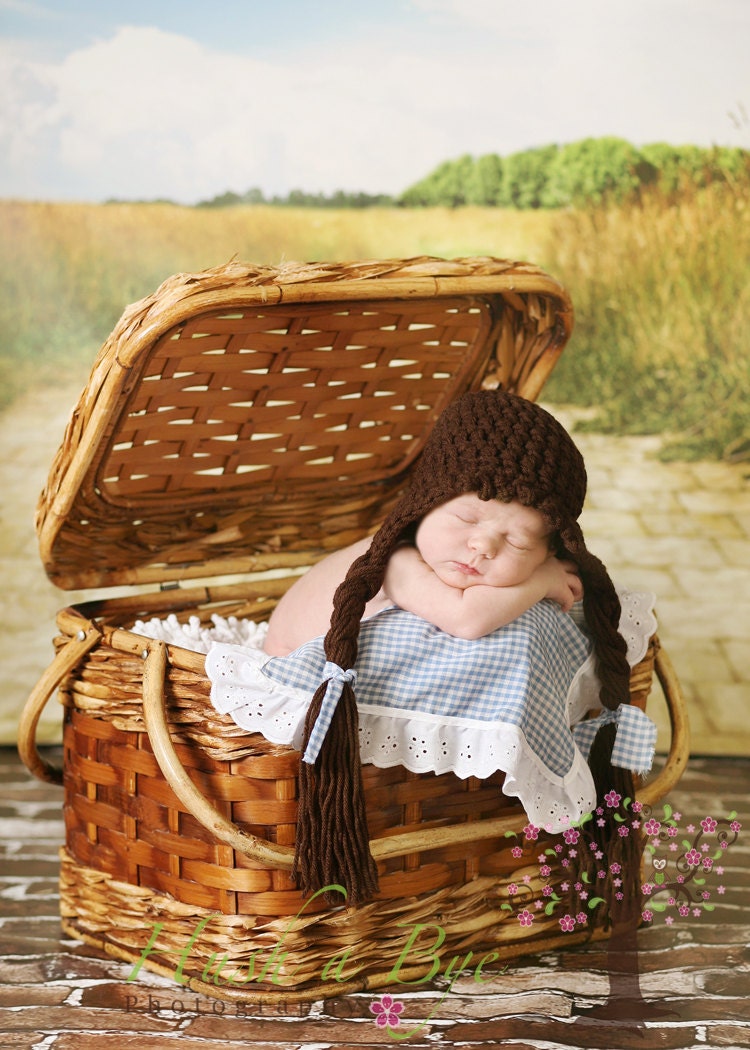 Adorable Dorothy Wizard of Oz Braided Earflap Hat with Blue Gingham Bows (Blanket Avail Upon Request) (Other hair colors available as well)