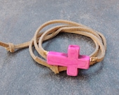 Leather Wrap Bracelet, Boho Wrap Bracelet, Chunky Hot Pink Cross Bracelet, Pink Cross Leather Wrap Bracelet, Eva