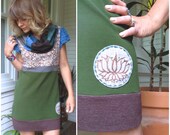 Eco Baby doll Tunic Shirt, size S/M, cowl neck,Clothing, boho, hippie,  patchwork, green, blue and maroon mix, lotus flower appliqué, Zasra