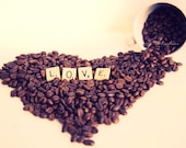 Coffee Photos, Coffee Heart, Fine Art Photography Print, Scrabble Art Photo, Vintage Beans Love