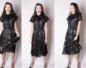 Galaxy Vintage 70s Black Astral Cosmic Sheer Secretary Tie  Dress / Cosmic Black and White Vintage / Astral Splatter Print / 2043
