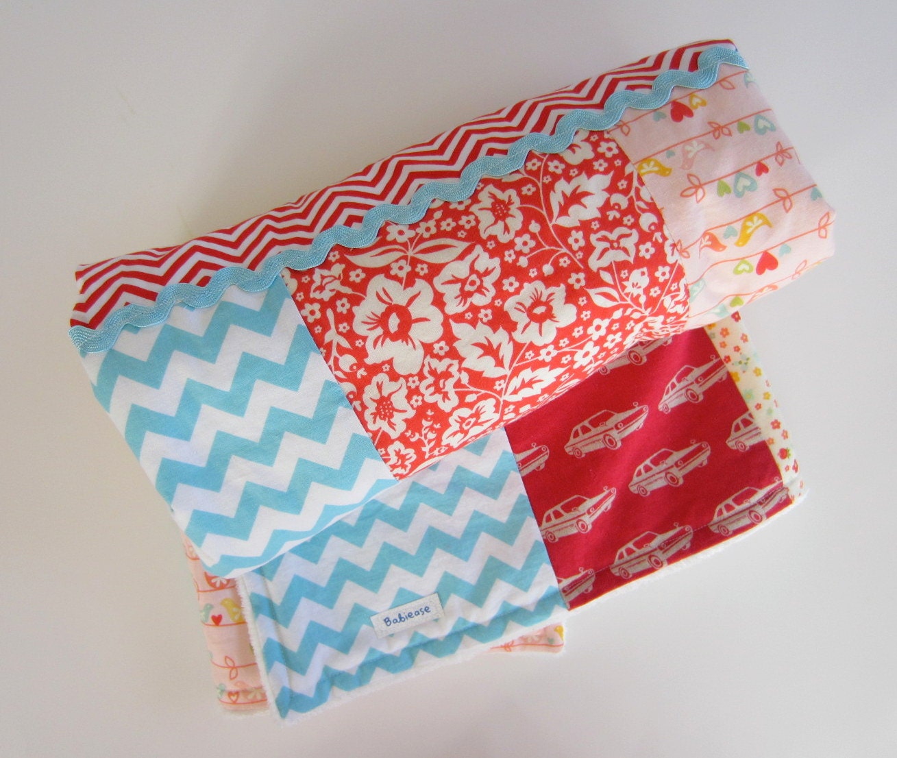 Baby GIRLS Blanket - Pink Red Aqua Patchwork Quilt / Echino Retro Chevy Cars / Minky Cuddle Blanket