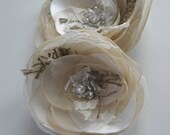 Wedding hair accessory burlap hairpiece clip set 2 sash belt Flower Vintage Rustic champagne Ivory cream beige Lace rose bridal bridesmaid