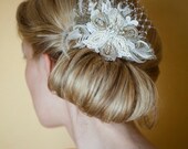 Wedding hair accessories, Art deco bridal burlap hairpiece, Feather fascinator, Lace hairpiece, vintage IVORY rustic shabby chic, antiqued
