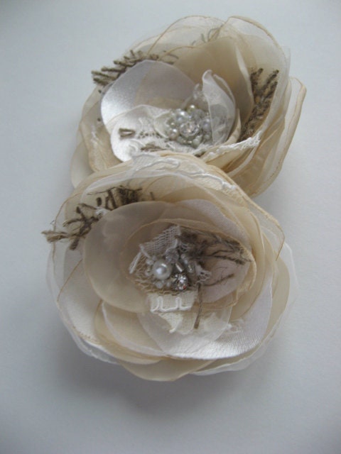 Wedding hair accessory burlap hairpiece clip set 2 sash belt Flower Vintage Rustic champagne Ivory cream beige Lace rose bridal bridesmaid