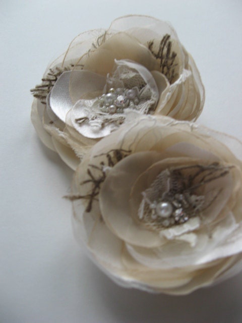 Wedding hair accessory burlap hairpiece clip set 2 sash belt Flower Vintage Rustic champagne Ivory cream beige Lace rose bridal bridesmaid