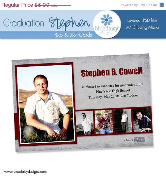 ON SALE 4x6 / 5x7 Graduation Announcement (Stephen) Photoshop Template for Photographers