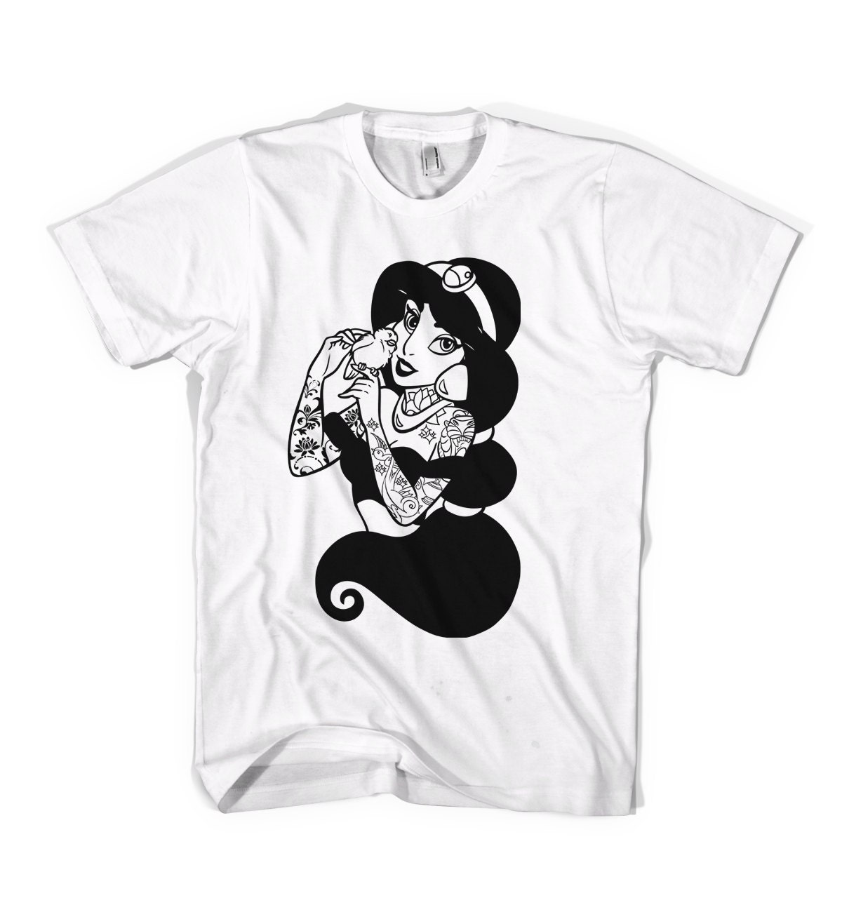 Hipster Jasmine T-Shirt Aladdin Tattoo - American Apparel Unisex Sizes S, M, L, XL - Custom Color