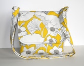 Small Cross Body Bag / Fabric Purse - Lemon Yellow with White Poppies