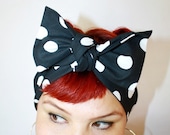 Bow hair tie, Vintage Inspired Head Scarf, Black with White Polka Dots, Red, Black, Pink, Retro, Rockabilly, Vintage Inspired