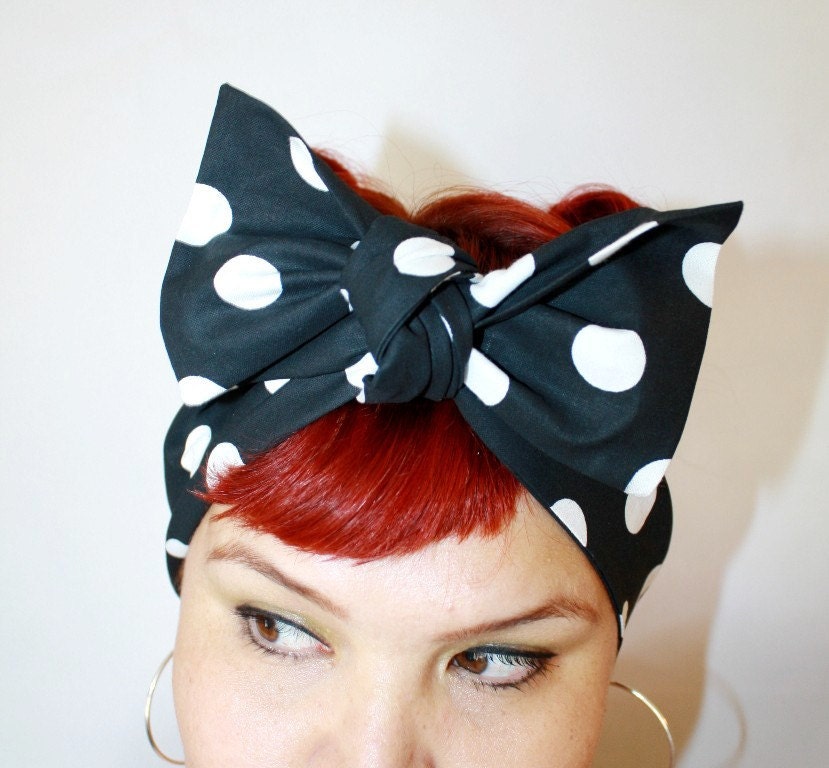 Bow hair tie, Vintage Inspired Head Scarf, Black with White Polka Dots, Red, Black, Pink, Retro, Rockabilly, Vintage Inspired