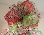 Large Christmas Tree topper bow 3 Sheer ribbons White, Red & Lime Green glitter diamonds and dots (tails 8 ft long) 9 ornament bows included