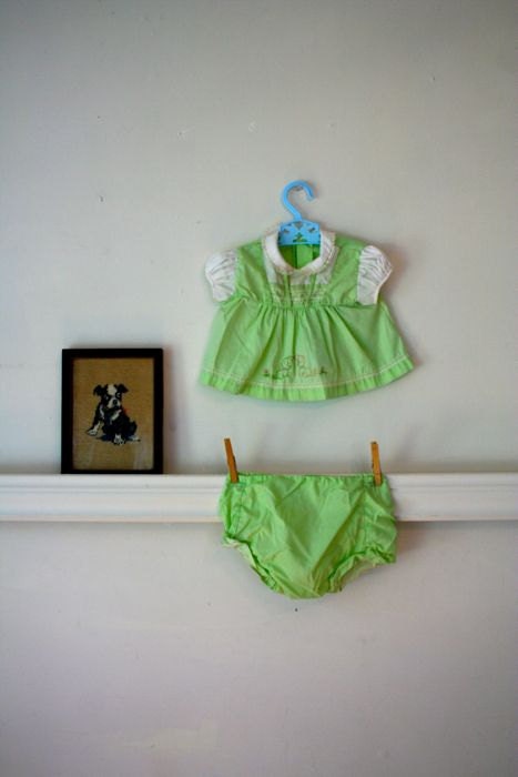 vintage baby girl's dress set - PUPPY LOVE key lime green dress & diaper cover / 0-3M