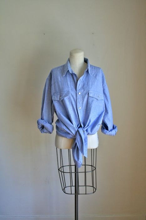 vintage 70s chambray shirt - BOY FRIEND slouchy denim shirt / mens L / women XXL