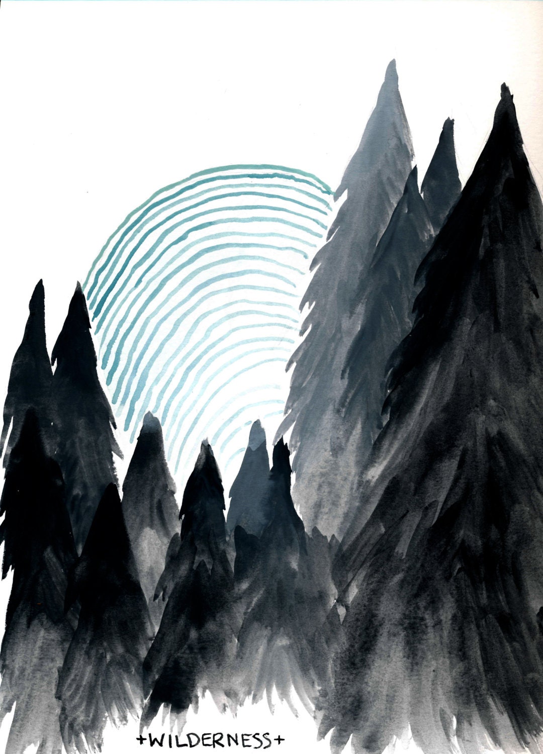 Wilderness, Print of original watercolor painting of evergreens and forest.