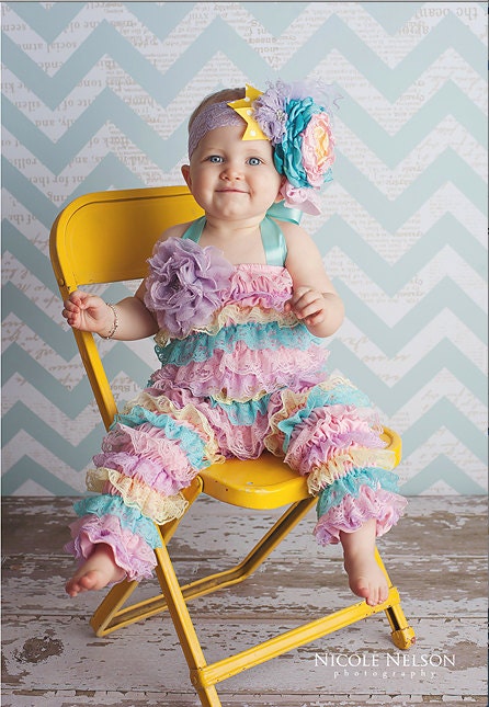 Pastel Rainbow Ruffle Cake Petti Romper Pants with Halter Strap Tie by Ruby Blue