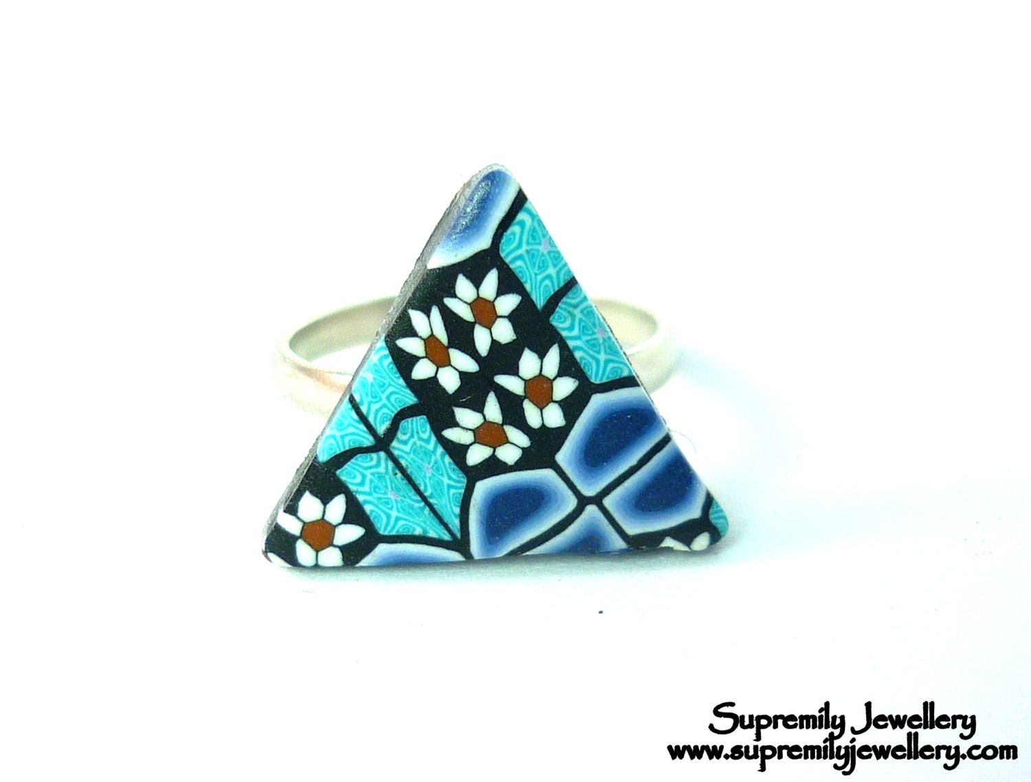 Daisy Triangle Ring Fimo Blue Turquoise Polymer Clay
