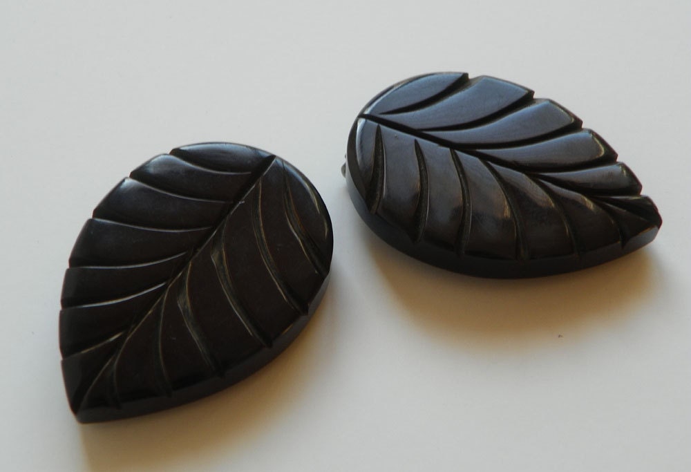 Amazing Vintage Hand Carved Black Bakelite Large Leaf Dress Clips