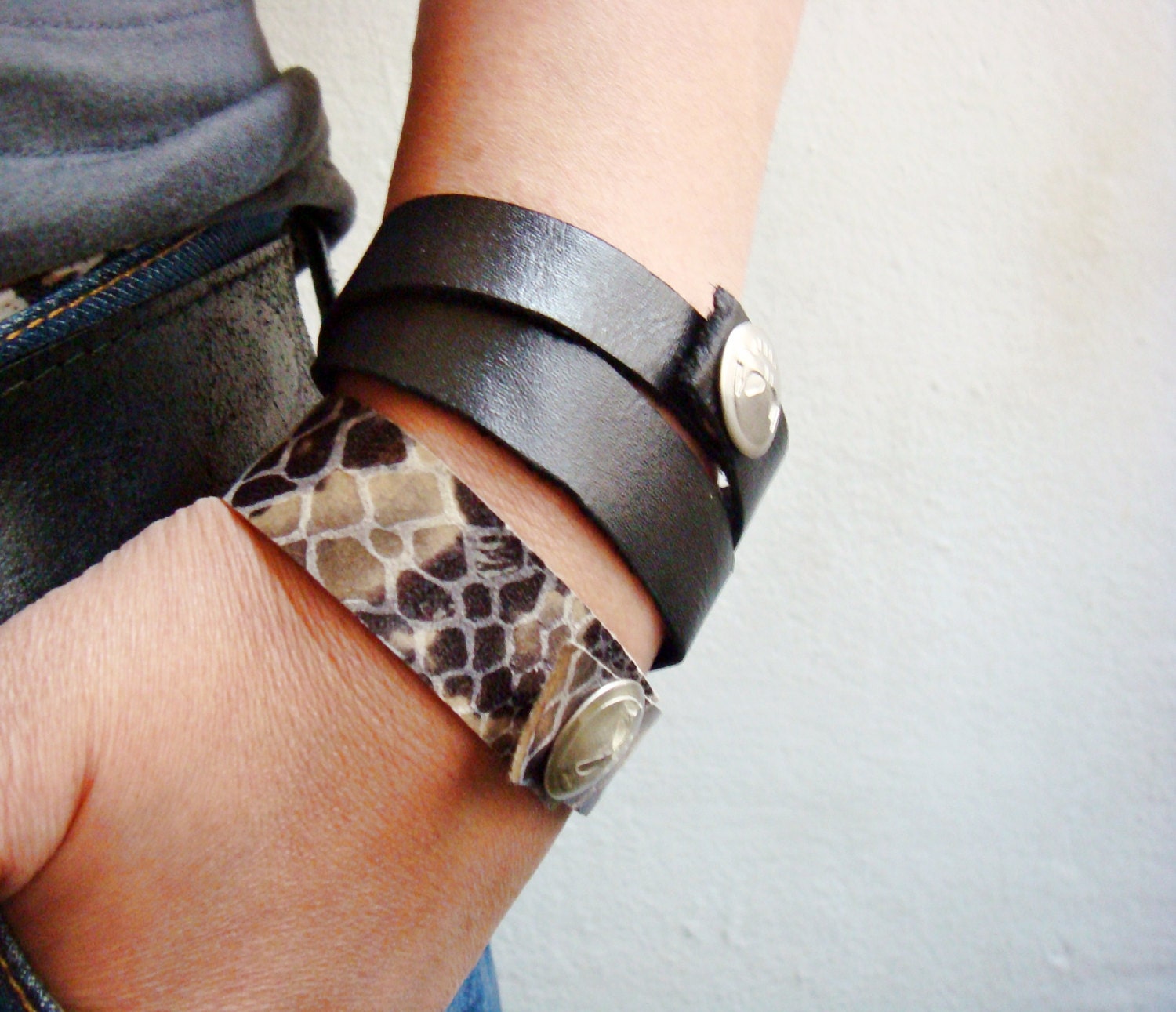 Leather Wrap Bracelets Scull Snap Buttons - faima