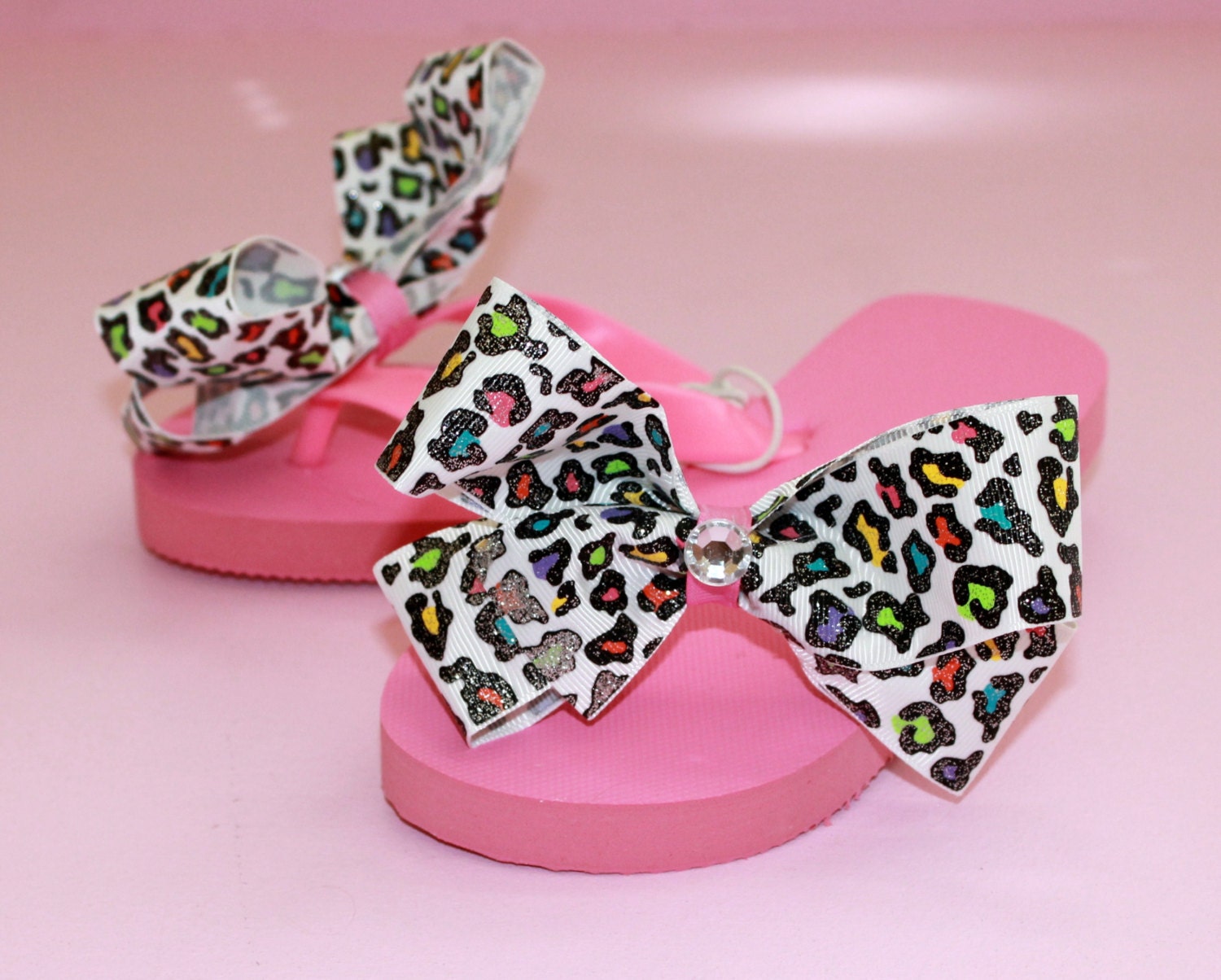 Sparkly Rainbow Cheetah Oversized Bow Flip Flops