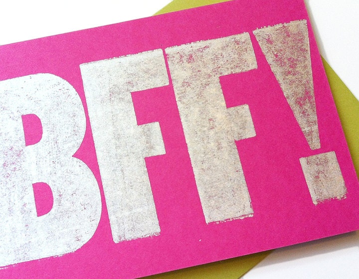 BFF ... besties ... magenta letterpress note card ... metallic silver