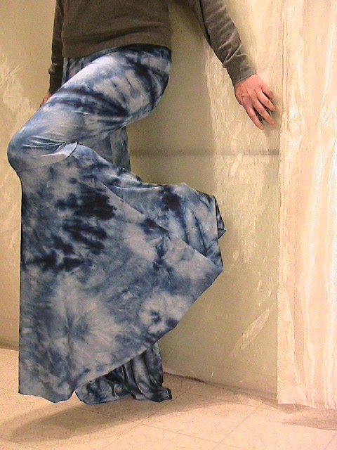 Tribal, Festival and  Flamenco Flare Pants Blue and Black batik print Lycra  MED-LAR