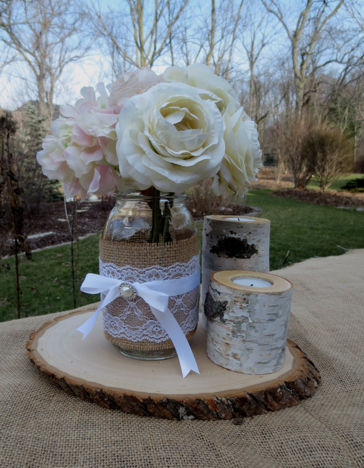 Mason Jar with Birch Candles and Wood Slice Wedding Centerpieces Decor Shabby Chic Rustic  Bridal Shower Centerpieces