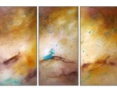 Original ART SALE. Neutral Tone Brown and Aqua Textured Original Painting. 3 Panel. Modern Art. Large 45".  Title "Gypsy" by R Schoeffel