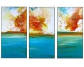 Small Original Modern Abstract Ocean Art Three Piece Painting. 18 x 12".  Title "Leguna" by R Schoeffel