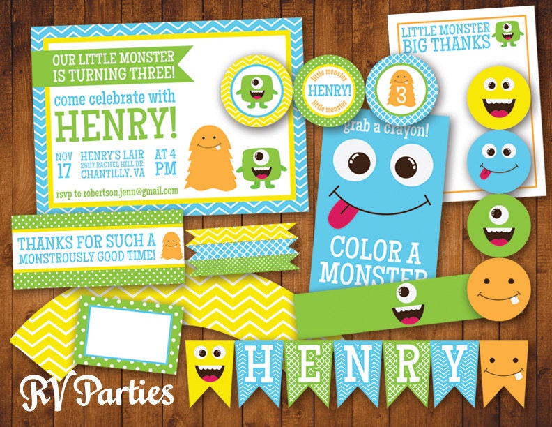 Monster Bash Little Man Party Pack JPEG (Invitation, Cupcake Topper and Wrapper, Bottle and Food Label, Thank You, Treat Bags, Banner)