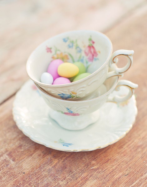 Easter still life photograph - romantic fine art photography print - vintage cups sweet spring art kitchen wall art easter eggs in a cup