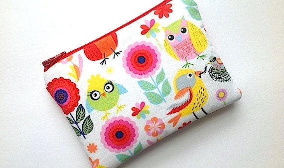 Zip Pouch Purse Gadget Coin Case Padded -OWLS Flowers n BIRDS- white pink red blue green