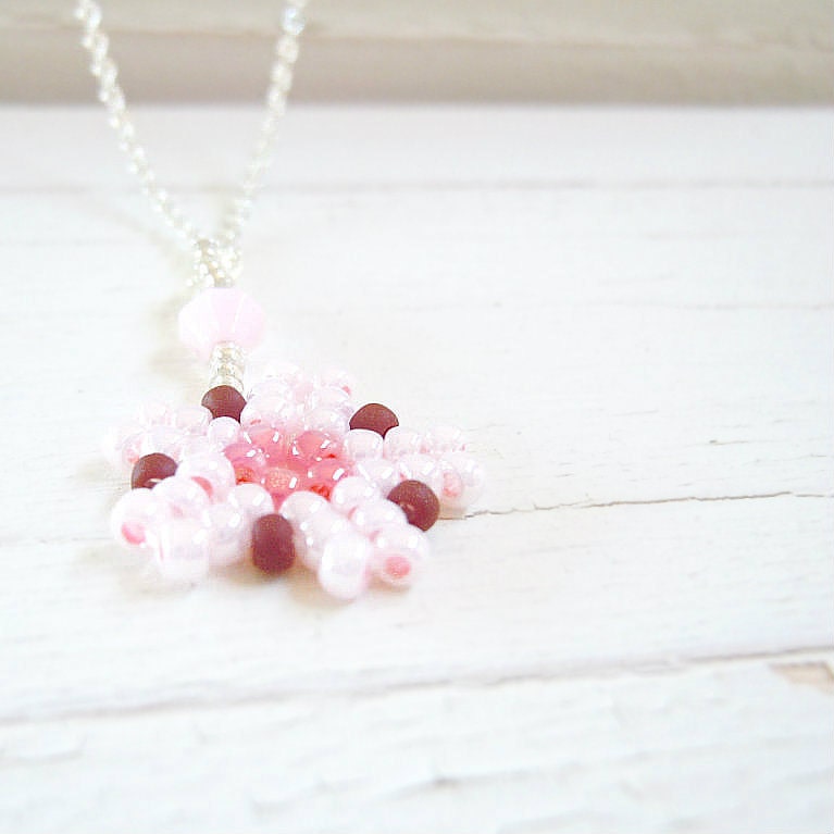 Beaded Cherry Blossom Necklace, Seed Bead Jewelry
