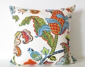 Decorative pillow cover - Throw pillow - 20x20 - Bright Floral - Linen Texture - Ivory - Red - Orange - Green - Floral Throw Pillow