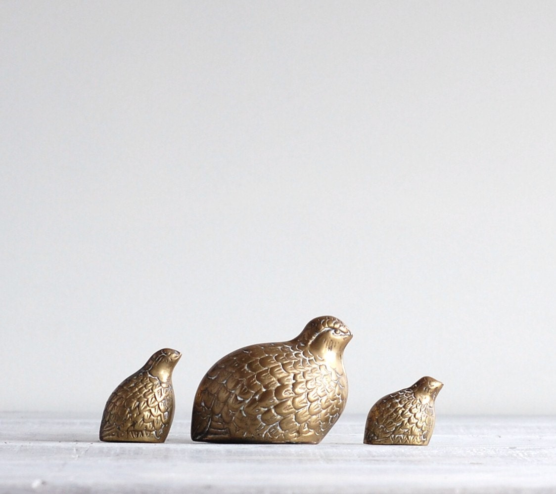 Mid Century Brass Quail Trio / Set of Three Bird Figurines
